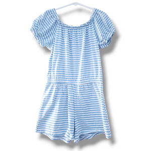 Old Navy Girls 8 Striped Cotton Puff Sleeved Shorts Romper Blue White